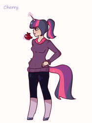 Size: 720x960 | Tagged: safe, artist:cherry, oc, oc only, oc:glimmer, satyr, apple, clothes, glowing horn, horn, offspring, parent:twilight sparkle, solo