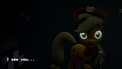 Size: 1024x576 | Tagged: safe, applejack, pony, robot, robot pony, five nights at aj's, g4, 3d, animatronic, applefreddy, creepy, female, five nights at freddy's, glowing eyes, looking at you, solo
