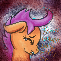 Size: 780x780 | Tagged: safe, artist:gallifreyanequine, scootaloo, g4, bust, crying, quote, sad, sketchy