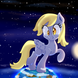 Size: 2000x2000 | Tagged: safe, artist:discorded, derpy hooves, pegasus, pony, g4, earth, female, giant pony, giantess, high res, hilarious in hindsight, macro, mare, moon, nose wrinkle, pony bigger than a planet, scrunchy face, solo, space, tangible heavenly object