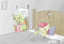 Size: 1200x826 | Tagged: safe, artist:feather, apple bloom, granny smith, earth pony, pony, g4, 2014, bed, bedtime story, book, female, filly, mare, missing accessory, reading, smiling