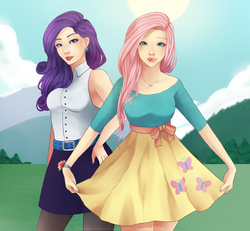 Size: 1024x948 | Tagged: dead source, safe, artist:missjollyollypop, fluttershy, rarity, human, g4, clothes, duo, duo female, female, humanized, nail polish, skirt