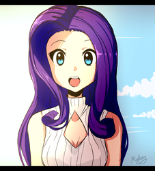 Size: 1024x1130 | Tagged: safe, artist:pegasisters82, rarity, human, g4, anime, boob window, breasts, cleavage, clothes, cute, female, humanized, looking at you, open mouth, raribetes, solo