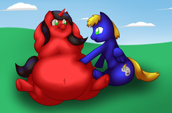 Size: 1280x844 | Tagged: safe, artist:askcocoamtn, oc, pegasus, pony, unicorn, art trade, belly, bellyrubs, big belly, fat, female, huge belly, male, mare, mod, obese, stallion