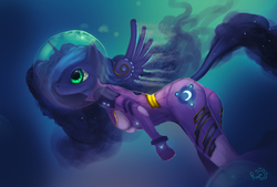 Size: 3616x2438 | Tagged: safe, artist:rain-gear, princess luna, anthro, g4, bubble, crossover, female, helmet, high res, neon genesis evangelion, plugsuit, solo, underwater