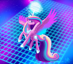 Size: 1500x1320 | Tagged: safe, artist:joellethenose, princess cadance, alicorn, pony, g4, alternate hairstyle, female, flying, glowing, glowing horn, grid, heart eyes, horn, magic, mare, new retro wave, retro, signature, smiling, solo, space, spread wings, stars, vaporwave, wingding eyes
