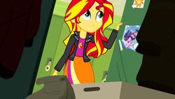 Size: 1280x720 | Tagged: safe, artist:the-butch-x, edit, edited screencap, screencap, sunset shimmer, twilight sparkle, equestria girls, g4, my little pony equestria girls: rainbow rocks, clothes, cutie mark, female, hallway, jacket, leather jacket, lesbian, lockers, looking up, paper bag, picture, school, searching, ship:sunsetsparkle, shipping, solo, twilight sparkle (alicorn)