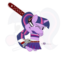 Size: 1020x900 | Tagged: safe, artist:dm29, twilight sparkle, pony, unicorn, g4, anatomically incorrect, clothes, cosplay, crossover, female, incorrect leg anatomy, juliet starling, lollipop chainsaw, midriff, simple background, skirt, solo, transparent background, voice actor joke