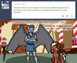 Size: 854x705 | Tagged: safe, artist:flyingbrickanimation, maud pie, gargoyle, anthro, ask maudlyn, g4, ask, brooklyn (gargoyles), clothes, crossover, crossover shipping, dress, female, gargoyles, male, maudlyn, ponified, shipping, species swap, straight, torn clothes, tumblr, tumblr comic