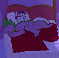 Size: 985x980 | Tagged: safe, artist:carnifex, rarity, spike, g4, bed, behaving like a dog, blanket, blushing, cute, dragon instinct, eyes closed, female, frown, hair curlers, male, older, on top, prone, ship:sparity, shipping, sleep mask, sleeping, smiling, straight, sweat, uncomfortable