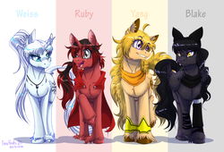 Size: 900x613 | Tagged: safe, artist:inuhoshi-to-darkpen, classical unicorn, blake belladonna, horn, leonine tail, ponified, rooster teeth, ruby rose, rwby, weiss schnee, yang xiao long