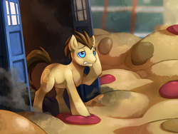 Size: 2000x1500 | Tagged: safe, artist:blitzdrachin, doctor whooves, time turner, series:hooves family reunion, g4, doctor who, micro, muffin, smoke, tardis