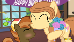 Size: 1920x1080 | Tagged: safe, artist:shutterflyeqd, button mash, oc, oc:cream heart, earth pony, pony, g4, ^^, blushing, bouquet, buttonbetes, colt, cream heart and button mash:best mother and son, cute, discovery family logo, eyes closed, fake screencap, female, flower, foal, forehead kiss, i can't believe it's not hasbro studios, kissing, male, mare, mother, mother and son, son