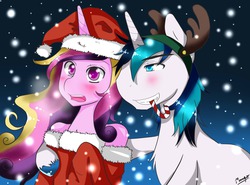 Size: 1280x946 | Tagged: safe, artist:sasaki-kasumi, princess cadance, shining armor, anthro, g4, hat, reindeer antlers, santa hat