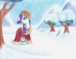 Size: 3287x2546 | Tagged: safe, artist:nightshadow154, rarity, g4, breath, clothes, coat, cold, female, hat, high res, newbie artist training grounds, snow, solo, traditional art, winter