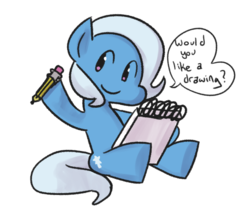 Size: 1200x1011 | Tagged: dead source, safe, artist:fauxsquared, trixie, earth pony, pony, g4, commission, dialogue, earth pony trixie, female, hoof hold, notebook, pencil, race swap, simple background, smiling, solo, speech bubble, transparent background, tumblr blog