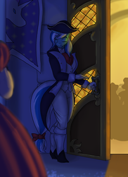 Size: 1280x1760 | Tagged: safe, artist:toughset, oc, oc only, oc:skyfall, unicorn, anthro, anthro oc, bicorne, boots, bowtie, canterlot castle, clothes, cravat, door, flag, hat, navy, night, solo, tail bow, unicornia, uniform