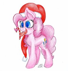 Size: 1024x1074 | Tagged: safe, artist:cyanyeh, pinkie pie, g4, candy cane, female, hat, santa hat, solo, tongue out, traditional art