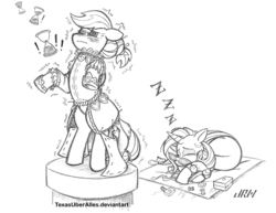 Size: 864x668 | Tagged: safe, artist:texasuberalles, applejack, rarity, earth pony, pony, unicorn, g4, clothes, dress, dressmaking, duo, female, hourglass, lesbian, monochrome, ship:rarijack, shipping, sketch, sleeping, snoring, traditional art, zzz