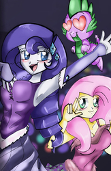 Size: 439x674 | Tagged: safe, artist:aurora-chiaro, artist:gigandjett, fluttershy, rarity, spike, dragon, equestria girls, g4, armpits, blushing, heart eyes, implied shipping, implied sparity, implied straight, wingding eyes