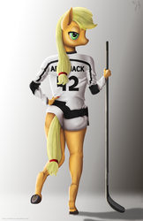 Size: 3500x5400 | Tagged: safe, artist:misterjuly, applejack, earth pony, anthro, unguligrade anthro, g4, female, hockey, hockey stick, los angeles kings, nhl, solo, underhoof