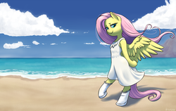 Size: 1702x1074 | Tagged: safe, artist:draneas, fluttershy, pony, semi-anthro, g4, arm hooves, beach, bipedal, clothes, cute, dress, female, lidded eyes, looking at you, solo, spread wings, summer, summer dress, sundress, white dress, windswept mane, wings