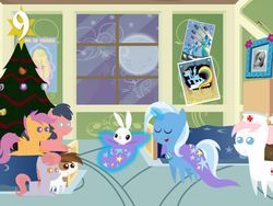 Size: 1024x768 | Tagged: safe, artist:bronybyexception, angel bunny, nurse redheart, pipsqueak, scootaloo, trixie, pony, rabbit, unicorn, g4, advent calendar, bed, bunny out of the hat, christmas, christmas tree, female, hang in there, hanging, holiday, magic show, magic trick, mare, moon, orphan, orphanage, pointy ponies, poster, tree, wonderbolts poster