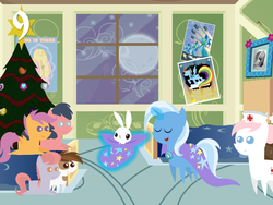 Size: 1024x768 | Tagged: safe, artist:bronybyexception, angel bunny, nurse redheart, pipsqueak, scootaloo, trixie, pony, rabbit, unicorn, g4, advent calendar, bed, bunny out of the hat, christmas, christmas tree, colt, eyes closed, female, filly, foal, hang in there, hanging, holiday, magic show, magic trick, male, mare, moon, night, orphan, orphanage, pointy ponies, poster, tree, window, wonderbolts poster