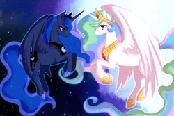 Size: 1000x666 | Tagged: safe, artist:crunchobar, princess celestia, princess luna, alicorn, pony, g4, day, day and night, female, large wings, night, princess, royal sisters, sisters, wings