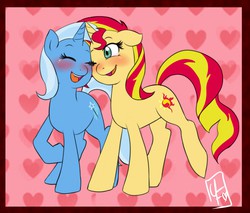 Size: 1280x1091 | Tagged: safe, artist:usagifriday, sunset shimmer, trixie, pony, unicorn, g4, blushing, cute, duo, female, floppy ears, heart, lesbian, nuzzling, open mouth, raised hoof, ship:suntrix, shipping, smiling, wink