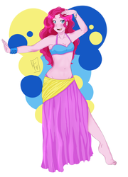 Size: 2200x3050 | Tagged: safe, artist:usagifriday, pinkie pie, human, g4, armpits, barefoot, belly button, belly dancer, bikini top, bra, bracelet, clothes, dancing, feet, female, gypsy pie, high res, humanized, long skirt, looking at you, midriff, skirt, smiling, solo, top