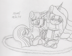 Size: 1103x846 | Tagged: safe, artist:slash-sun-slash, princess celestia, twilight sparkle, alicorn, pony, g4, bandage, book, celestiadoodle, female, mare, monochrome, sketch, traditional art, twilight sparkle (alicorn)