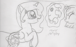 Size: 1198x744 | Tagged: safe, artist:slash-sun-slash, princess celestia, princess luna, g4, celestiadoodle, cewestia, cute, filly, happy, levitation, magic, monochrome, sketch, smiling, traditional art, woona