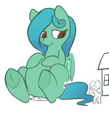 Size: 700x800 | Tagged: safe, artist:mt, oc, oc only, oc:anon, human, pegasus, pony, chubby, giant pony, house, macro, sitting, underhoof