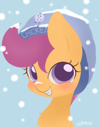 Size: 1550x2000 | Tagged: dead source, safe, artist:mrsremi, scootaloo, pegasus, pony, g4, blushing, bust, chest fluff, cute, cutealoo, female, filly, foal, gritted teeth, hat, looking at you, signature, smiling, snow, snowfall, solo, teeth, winter