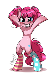 Size: 1200x1600 | Tagged: safe, artist:nyako-shoyu, pinkie pie, earth pony, pony, g4, alternate hairstyle, bipedal, clothes, female, looking at you, smiling, socks, solo, striped socks