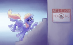Size: 1818x1124 | Tagged: safe, artist:verulence, derpy hooves, pegasus, pony, g4, female, going to the store, mare, solo, stairs