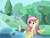 Size: 4000x3000 | Tagged: safe, artist:wadusher0, angel bunny, fluttershy, bird, fish, hummingbird, pegasus, pony, rabbit, g4, animal, cute, female, fluffy, forest, frown, hoof fluff, mare, nature, open mouth, outdoors, river, scenery, shyabetes, sitting, smiling, solo, spread wings, tree, unshorn fetlocks, water, wide eyes, wing fluff, wings