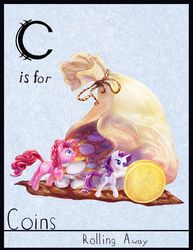 Size: 1700x2200 | Tagged: safe, artist:viwrastupr, pinkie pie, rarity, g4, alphabet, coin, micro, money, money bag, mouth hold, tiny ponies
