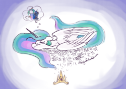 Size: 1190x842 | Tagged: safe, artist:chirpy-chi, princess celestia, princess luna, g4, dream, female, sleeping, solo