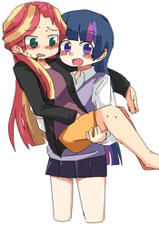 Size: 897x1281 | Tagged: dead source, safe, artist:gyaheung, sunset shimmer, twilight sparkle, human, equestria girls, g4, blushing, bridal carry, carrying, duo, female, humanized, lesbian, ship:sunsetsparkle, shipping, sweatdrop