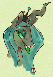 Size: 774x1116 | Tagged: safe, artist:fornicata, queen chrysalis, changeling, changeling queen, g4, bedroom eyes, bust, earring, female, looking at you, open mouth, piercing, portrait, smiling, solo, tongue out