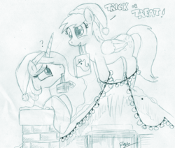 Size: 1000x848 | Tagged: safe, artist:foxxy-arts, derpy hooves, princess celestia, pegasus, pony, g4, confused, female, hat, mare, monochrome, santa hat, traditional art