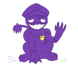 Size: 1200x1000 | Tagged: safe, artist:tezcatl-ayauhtli, oc, oc only, griffon, crossover, five nights at freddy's, five nights at freddy's 2, grin, purple gryphon, purple man (fnaf), security guard, simple background, sitting, solo, transparent background, waving