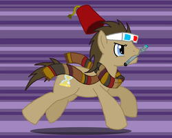 Size: 720x576 | Tagged: safe, artist:feadraug, doctor whooves, time turner, earth pony, pony, g4, 3d glasses, clothes, doctor who, fez, galloping, hat, male, mouth hold, running, scarf, solo, sonic screwdriver, stallion, the doctor