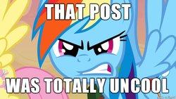 Size: 610x343 | Tagged: safe, rainbow dash, g4, angry, gritted teeth, image macro, meme, reaction image, text, uncool