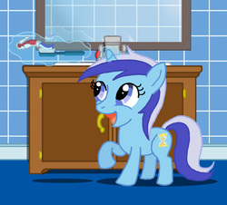 Size: 609x550 | Tagged: safe, artist:feadraug, minuette, pony, unicorn, g4, female, filly, filly minuette, solo, toothbrush