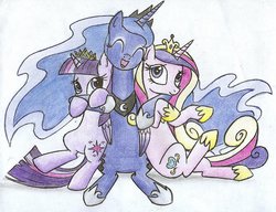 Size: 1024x786 | Tagged: safe, artist:islamilenaria, princess cadance, princess luna, twilight sparkle, alicorn, pony, g4, female, happy, hug, mare, new crown, traditional art, twilight sparkle (alicorn)