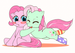 Size: 1052x744 | Tagged: safe, artist:monon0, minty, pinkie pie (g3), g3, g4, blushing, clothes, cute, diapinkes, g3 to g4, generation leap, hug, mintabetes, pixiv, ship:mintypie, shipping, socks
