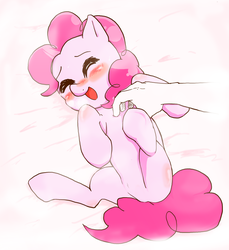 Size: 1488x1626 | Tagged: safe, artist:monon0, pinkie pie, g4, blushing, cute, diapinkes, disembodied hand, eyes closed, female, hand, offscreen character, offscreen human, open mouth, pixiv, solo, tickling